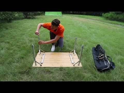 Load and play video in Gallery viewer, KingCamp Large 4-Folding Bamboo Table with Mesh Storage, Portable Camping Table with Adjustable Legs (17.7"-25.6") for 4-6 Person