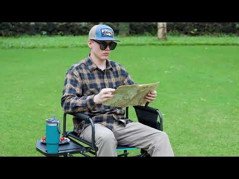 Load and play video in Gallery viewer, FUNDANGO FoldPro Refine L Director Chair with Side Table | Heavy Duty 440lb Capacity Camping Chair