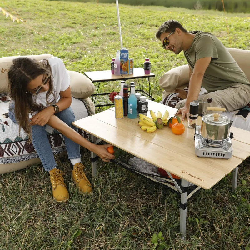 Load image into Gallery viewer, KingCamp Large 4-Folding Bamboo Table with Mesh Storage, Portable Camping Table for 4-5 Person, Outdoor Picnic & Beach
