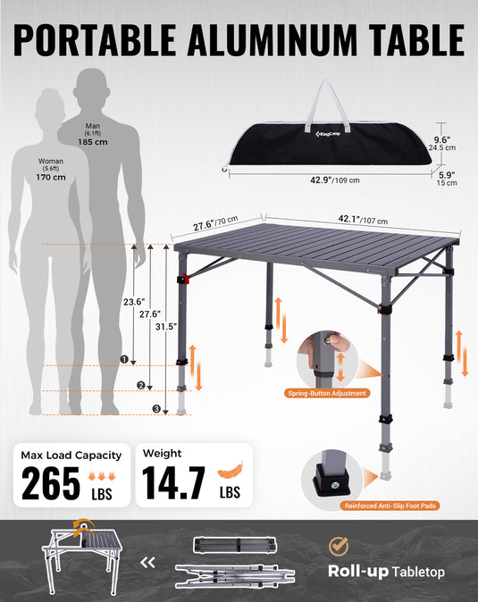 KingCamp Folding Aluminum Roll-Top Camping Table | 3 Adjustable Heights (23.6