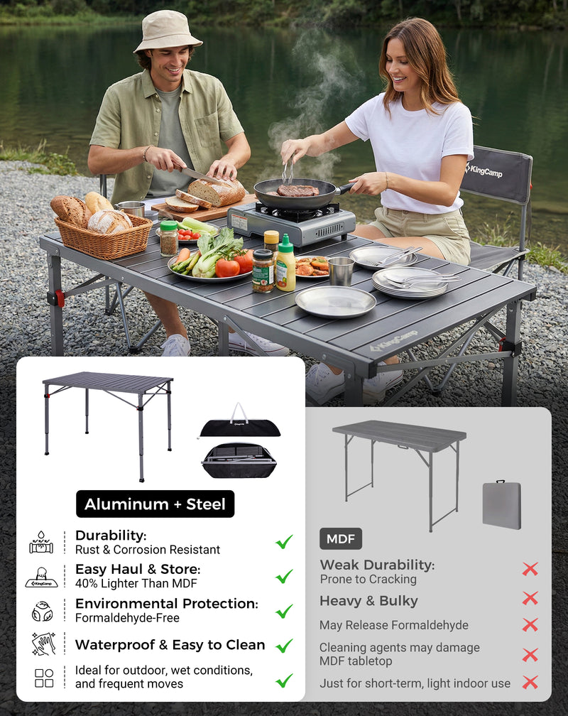 Load image into Gallery viewer, KingCamp Folding Aluminum Roll-Top Camping Table | 3 Adjustable Heights (23.6"-31.5"), Portable 4-6 Person Picnic Table with Carry Bag
