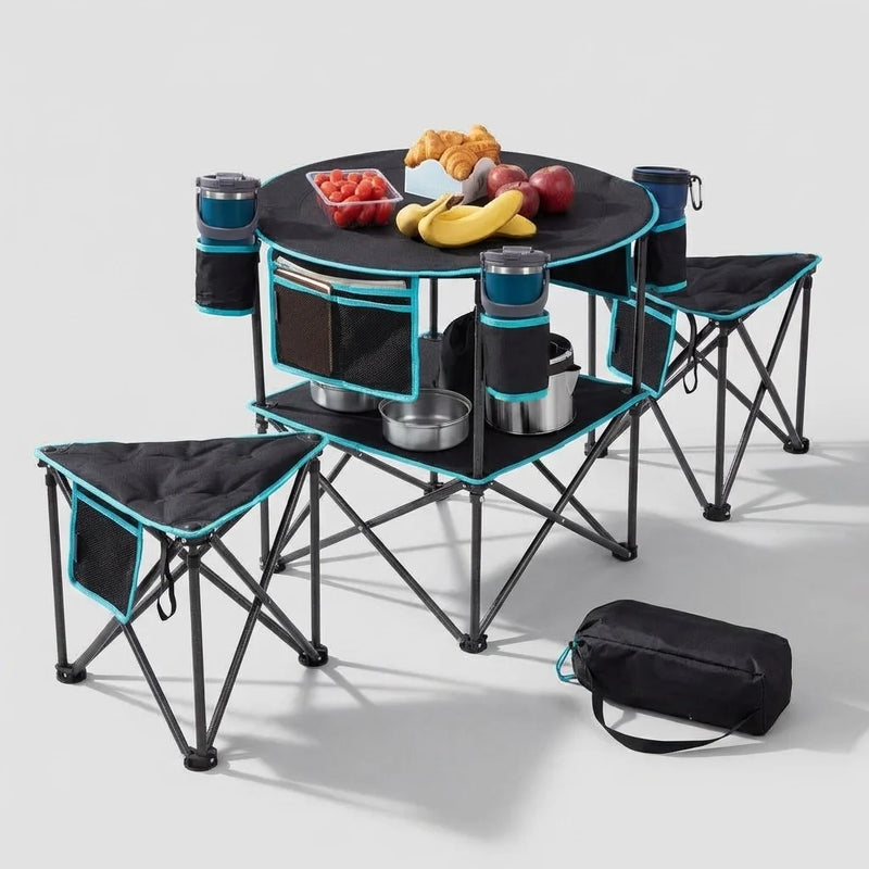 Load image into Gallery viewer, 1 x Double-Deck Table with Carry Bag, 2 x Tripod Stools with Carry Straps

