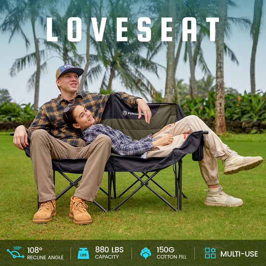 FUNDANGO Horizon Bliss P2 Double Folding Camping Loveseat | 2-Person Padded Outdoor Couch with Cup Holders Heavy Duty 880lb Capacity