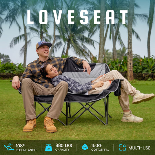 FUNDANGO Horizon Bliss P2 Double Folding Camping Loveseat | 2-Person Padded Outdoor Couch with Cup Holders Heavy Duty 880lb Capacity