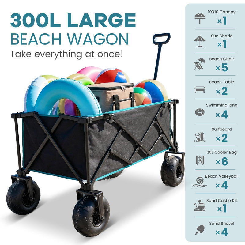 Load image into Gallery viewer, FUNDANGO WaveTrek L9 Large Beach Wagon with Big Balloon Wheels | 550lb Capacity 300L Heavy Duty All-Terrain Cart with Air Pump, Folding Collapsible Utility Wagon for Sand, Camping &amp; Sports
