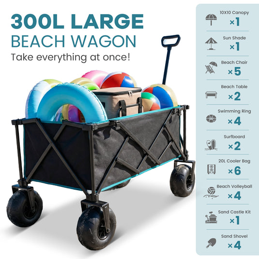 FUNDANGO WaveTrek L9 Large Beach Wagon with Big Balloon Wheels | 550lb Capacity 300L Heavy Duty All-Terrain Cart with Air Pump, Folding Collapsible Utility Wagon for Sand, Camping & Sports