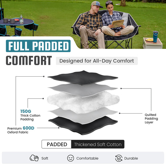 FUNDANGO Horizon Bliss P2 Double Folding Camping Loveseat | 2-Person Padded Outdoor Couch with Cup Holders Heavy Duty 880lb Capacity