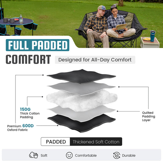 FUNDANGO Horizon Bliss P2 Double Folding Camping Loveseat | 2-Person Padded Outdoor Couch with Cup Holders Heavy Duty 880lb Capacity