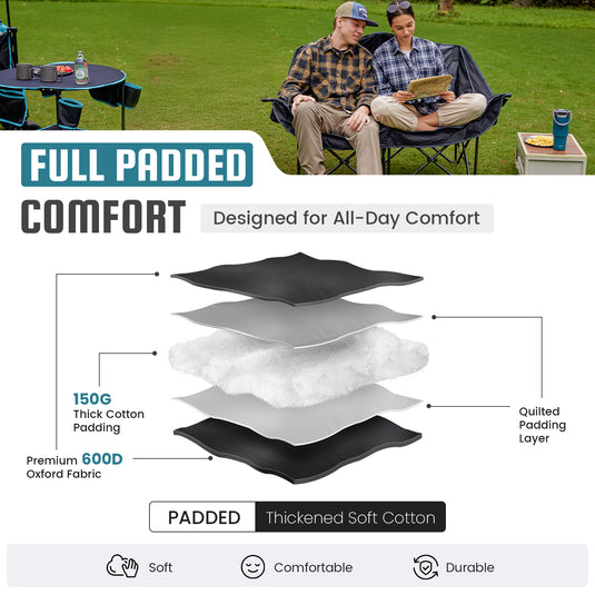 FUNDANGO Horizon Bliss P2 Double Folding Camping Loveseat | 2-Person Padded Outdoor Couch with Cup Holders Heavy Duty 880lb Capacity