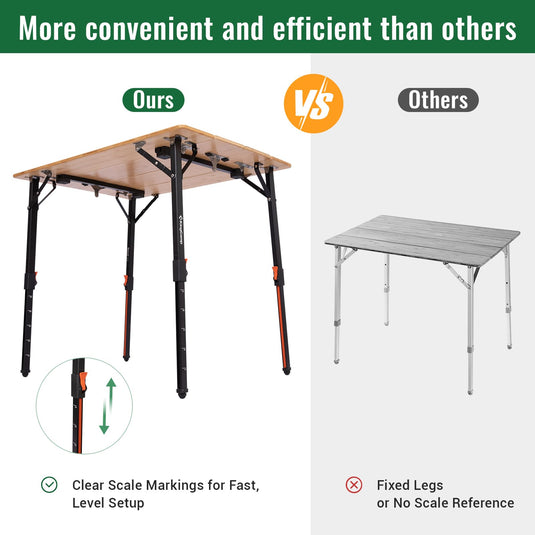 KingCamp 4-Fold Bamboo Camping Table | Portable Adjustable Height Folding Table (16.5"-27.5") for Outdoor, Picnic & Tailgating, Holds 265 lbs