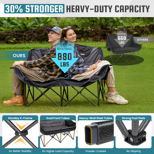 FUNDANGO Horizon Bliss P2 Double Folding Camping Loveseat | 2-Person Padded Outdoor Couch with Cup Holders Heavy Duty 880lb Capacity