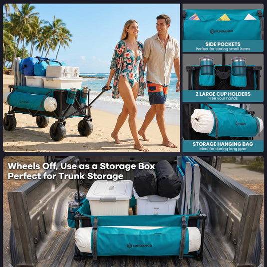 FUNDANGO WaveTrek L9 Large Beach Wagon with Big Balloon Wheels | 550lb Capacity 300L Heavy Duty All-Terrain Cart with Air Pump, Folding Collapsible Utility Wagon for Sand, Camping & Sports