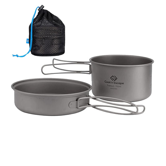 COOK'N'ESCAPE Titanium Camping Cooking Pot, Camping Cookware Set with Folding Handle,Compact Frying Pan Open Over Fire Cooking for Outdoor