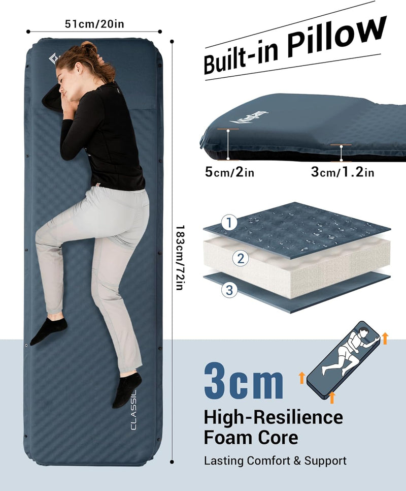 Load image into Gallery viewer, KingCamp Classic Light Self-Inflating Sleeping Pad – 2in Thick, Built-in Pillow, Compact for Backpacking &amp; Camping
