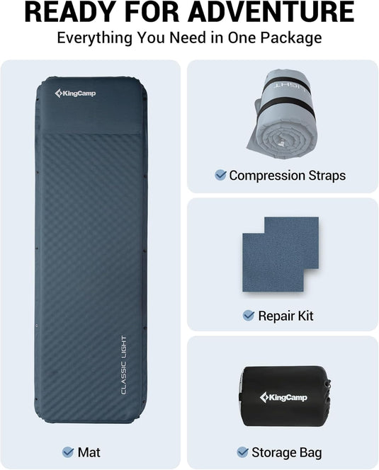 KingCamp Classic Light Self-Inflating Sleeping Pad – 2in Thick, Built-in Pillow, Compact for Backpacking & Camping