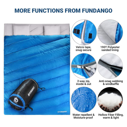 FUNDANGO 3-in-1 XL Queen Double Sleeping Bag with 2 Pillows