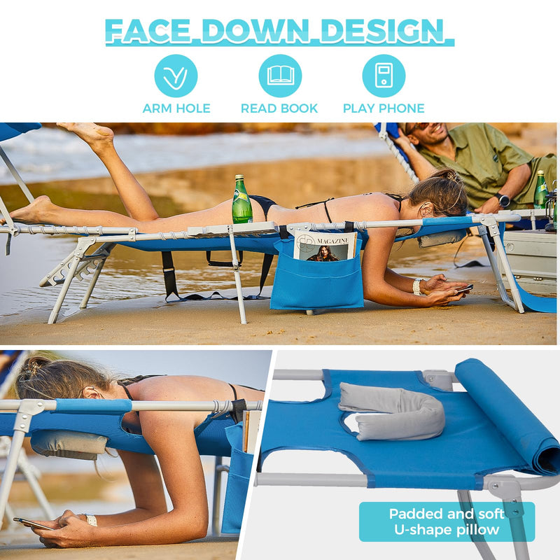 Load image into Gallery viewer, WEJOY Portable Outdoor Chaise Lounge – 5-Angle Reclining Beach Chair Blue Face Down Design Chair
