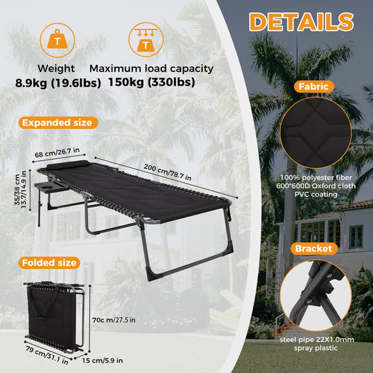 KingCamp Oversize Padded 5 Position Adjustable Sun Lounger Folding Chaise Lounge Chair