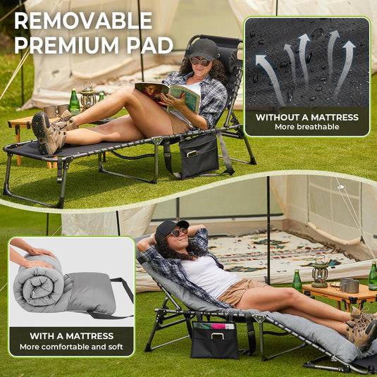 FUNDANGO Portable Camping Reclining Chair with Soft Pad & Side Table