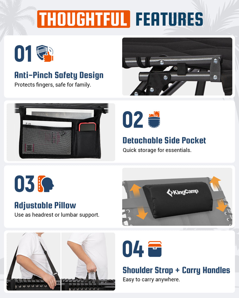 Load image into Gallery viewer, KingCamp Oversized Padded Lounge Chair Extra-Wide &amp; Long 7-Position Folding Sun Lounger 440lb Capacity  with Anti-Pinch Safety Design Protects fingers, safe for family.
