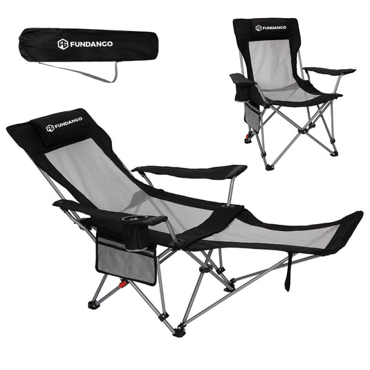 FUNDANGO 2-in-1 Reclining Camping Chair with Removable Footrest | 4-Position Adjustable Backrest Folding Lounge Chair