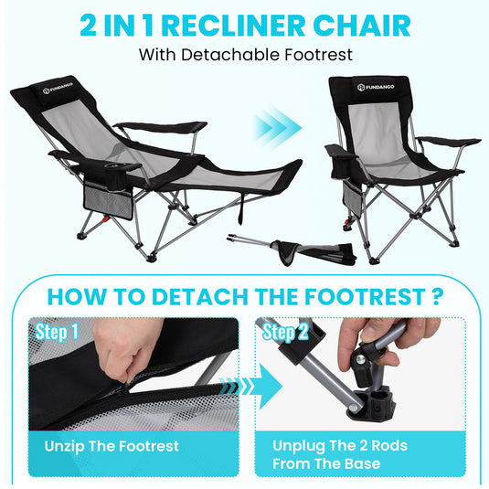 FUNDANGO 2-in-1 Reclining Camping Chair with Removable Footrest | 4-Position Adjustable Backrest Folding Lounge Chair