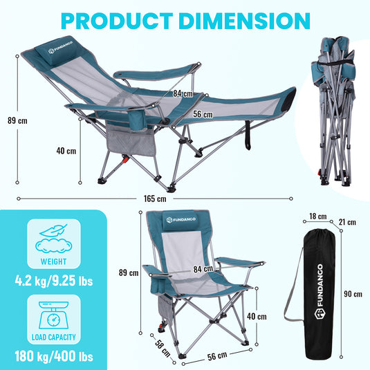 FUNDANGO 2-in-1 Reclining Camping Chair with Removable Footrest | 4-Position Adjustable Backrest Folding Lounge Chair