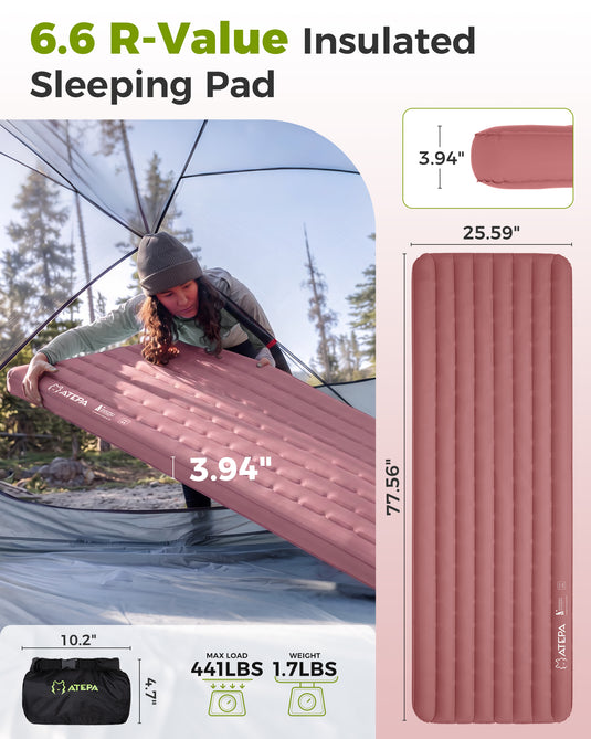 ATEPA Ultralight Insulated Inflatable Sleeping Pad R Value 6.6 Pink