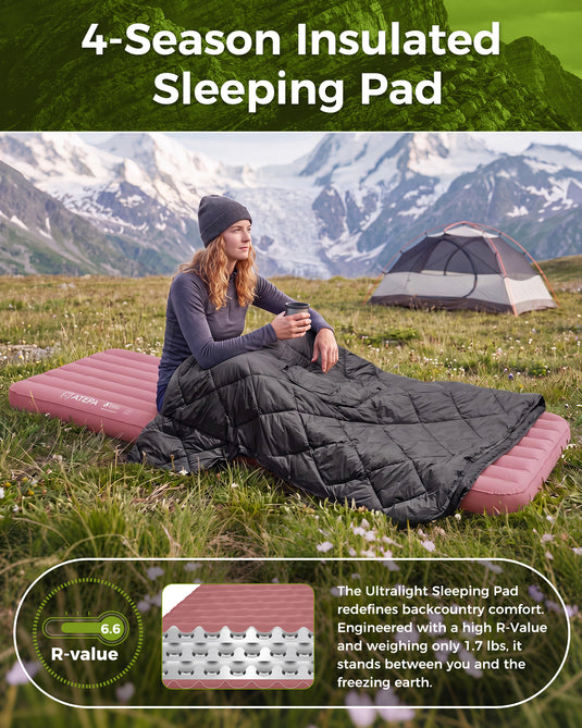ATEPA Ultralight Insulated Inflatable Sleeping Pad R Value 6.6 Pink