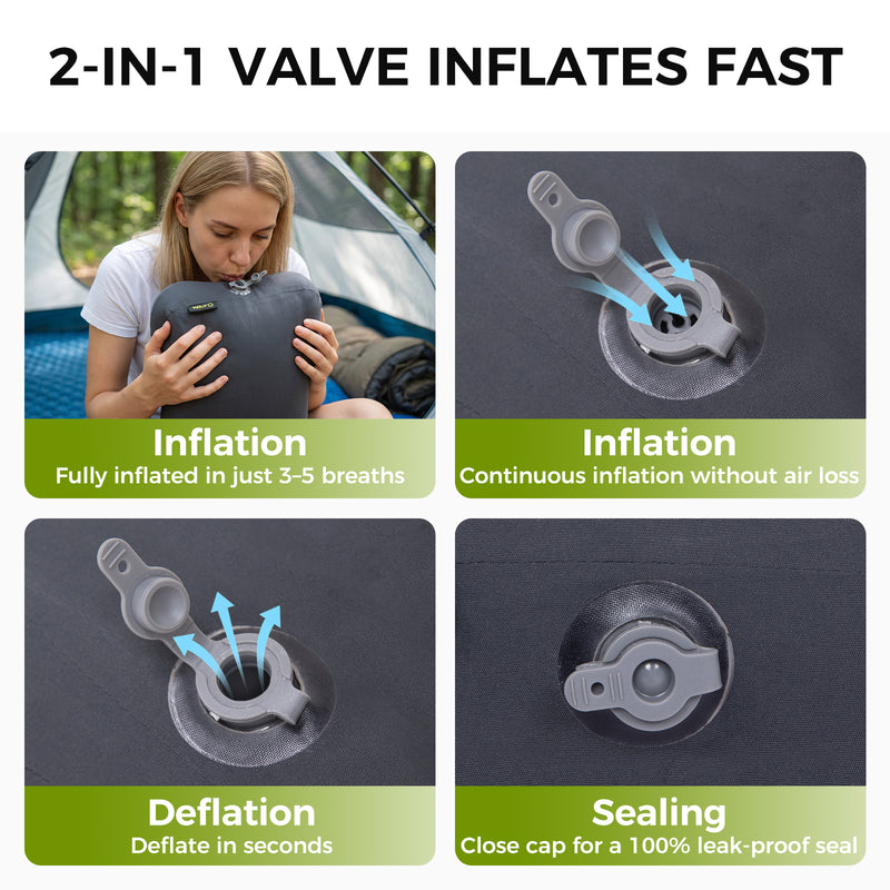 Laden Sie das Bild in Galerie -Viewer, ATEPA Flex 10 Inflatable Camping Pillow, Hybrid Foam-Air Backpacking Pillow with 2-IN-1 VALVE INFLATES FAST
