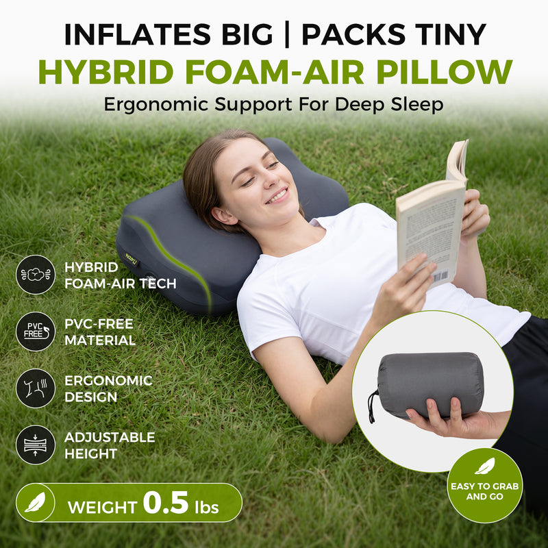 Laden Sie das Bild in Galerie -Viewer, ATEPA Flex 10 Inflatable Camping Pillow, Hybrid Foam-Air Backpacking Pillow with Adjustable Height, Ergonomic Neck Support &amp; Washable Cover, Ultralight 8.1 oz

