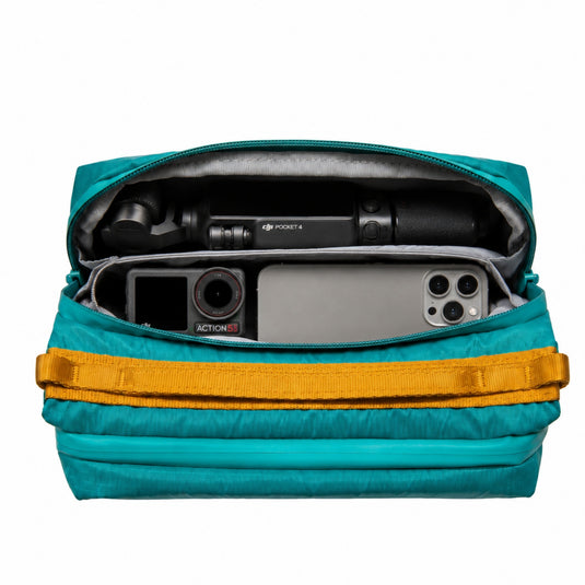 ATEPA Rugged Mini Trail Sling Bag, 210D Ripstop Nylon Crossbody Pouch with Rope Strap, Dual Compartments & Bungee Storage Alpine Teal