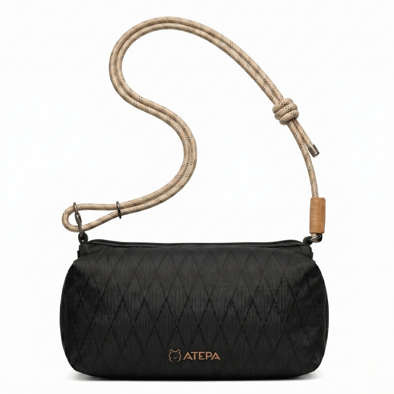 Laden Sie das Bild in Galerie -Viewer, ATEPA Rugged Mini Trail Sling Bag, 210D Ripstop Nylon Crossbody Pouch with Rope Strap, Dual Compartments &amp; Bungee Storage Obsidian Black
