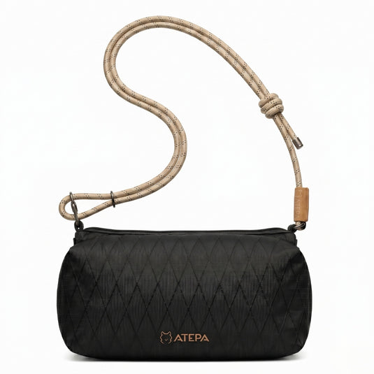 ATEPA Rugged Mini Trail Sling Bag, 210D Ripstop Nylon Crossbody Pouch with Rope Strap, Dual Compartments & Bungee Storage Obsidian Black
