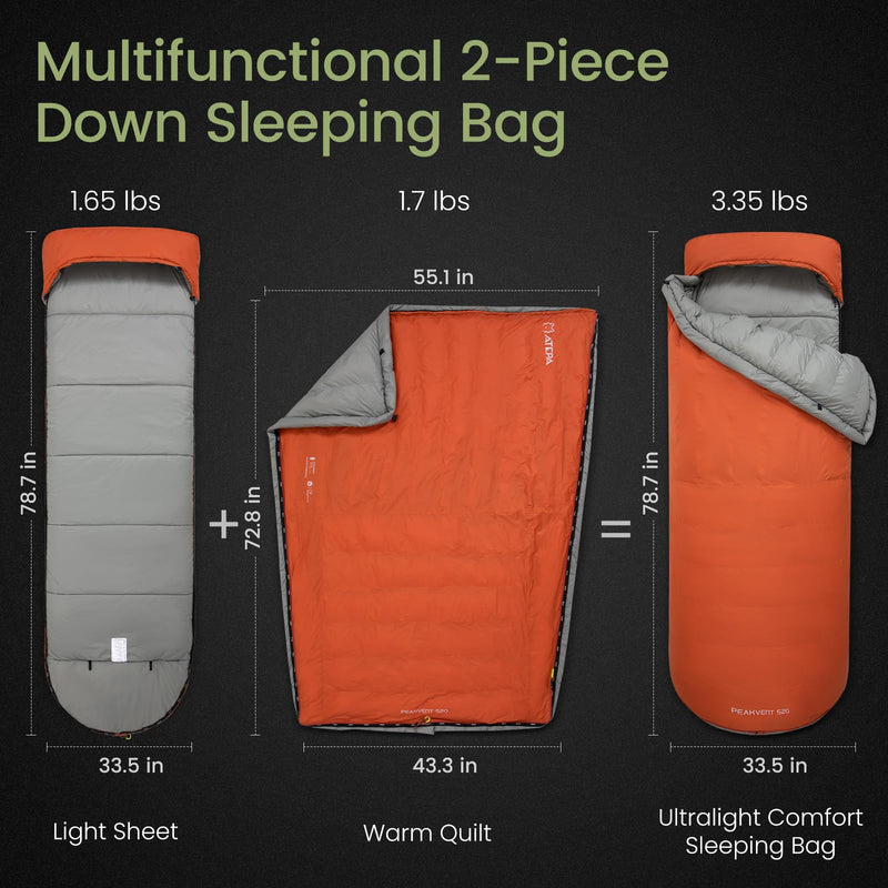 Load image into Gallery viewer, ATEPA 3-in-1 Backpacking Sleeping Bag Down Sleeping Bag 44.6°F to 10.4°F
