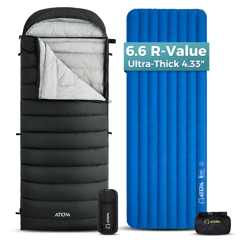 Load image into Gallery viewer, ATEPA 4-Season Sleeping System Bundle, Cold Weather Down Sleeping Bag with R-Value 6.6 Insulated Sleeping Pad for Backpacking &amp; Camping
