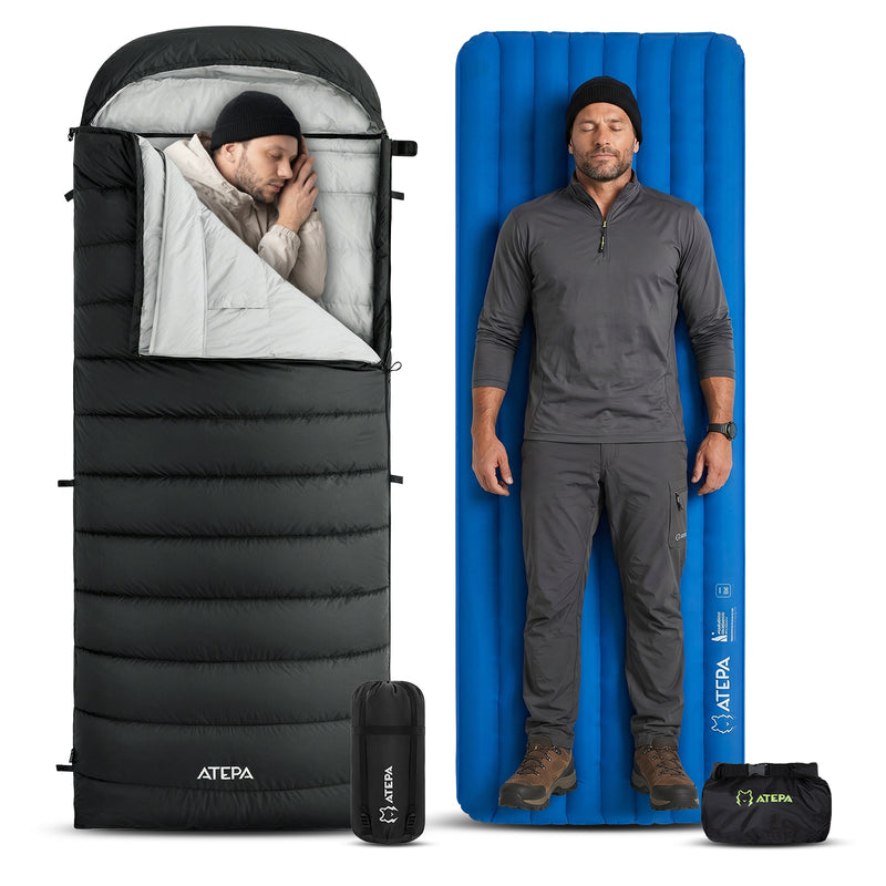 Load image into Gallery viewer, ATEPA 4-Season Sleeping System Bundle, Cold Weather Down Sleeping Bag with R-Value 6.6 Insulated Sleeping Pad for Backpacking &amp; Camping
