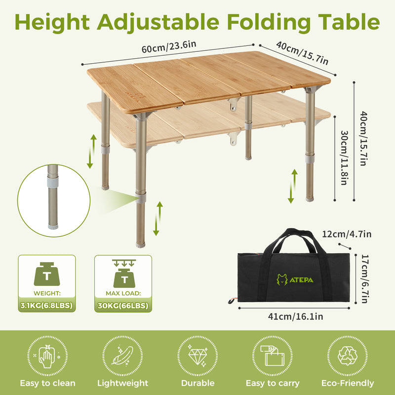 Laden Sie das Bild in Galerie -Viewer, ATEPA BAMBOO 6040 Adjustable Height Bamboo Camping Table, Portable Folding Low Table with Aluminum Legs, 66 lbs Capacity &amp; Carry Bag
