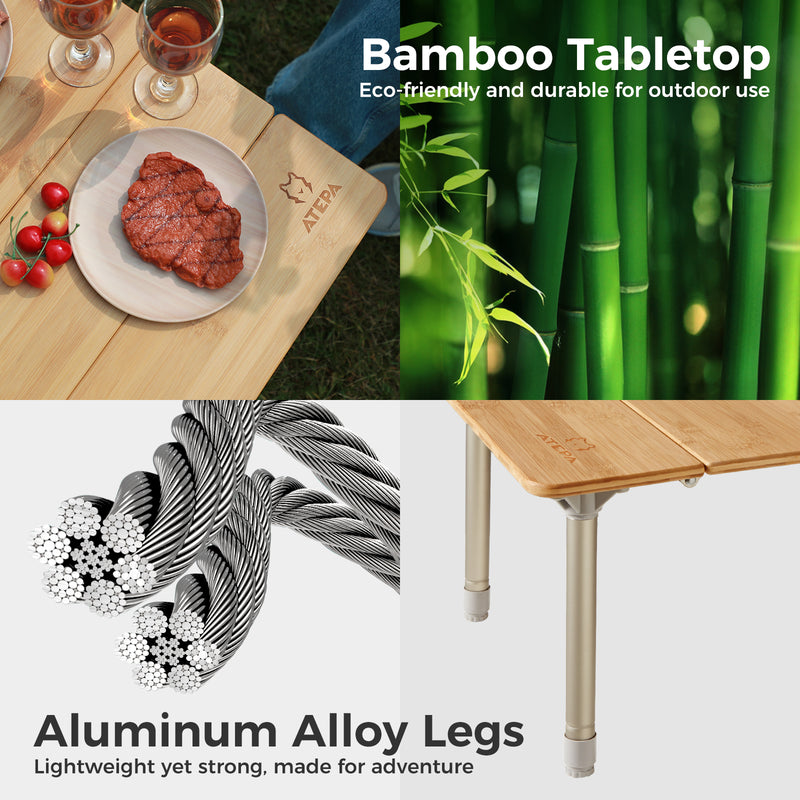 Laden Sie das Bild in Galerie -Viewer, ATEPA BAMBOO 6040 Adjustable Height Bamboo Camping Table, Portable Folding Low Table with Aluminum Legs, 66 lbs Capacity &amp; Carry Bag
