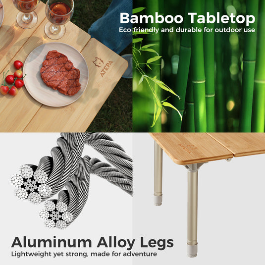 ATEPA BAMBOO 6040 Adjustable Height Bamboo Camping Table, Portable Folding Low Table with Aluminum Legs, 66 lbs Capacity & Carry Bag