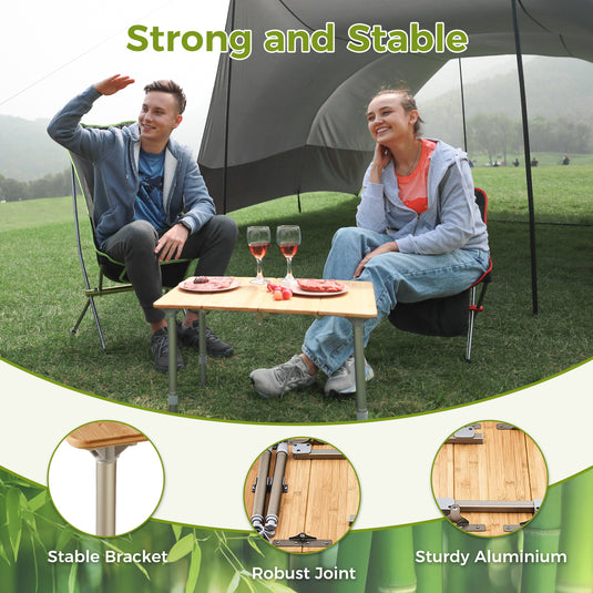 ATEPA BAMBOO 6040 Adjustable Height Bamboo Camping Table, Portable Folding Low Table with Aluminum Legs, 66 lbs Capacity & Carry Bag