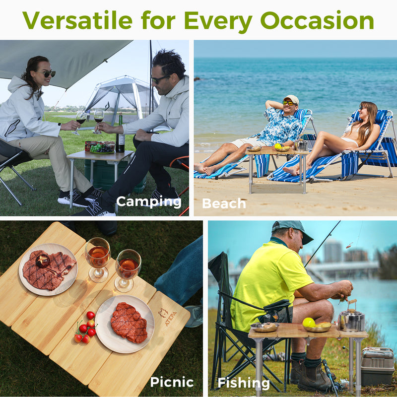 Laden Sie das Bild in Galerie -Viewer, ATEPA BAMBOO 6040 Adjustable Height Bamboo Camping Table, Portable Folding Low Table with Aluminum Legs, 66 lbs Capacity &amp; Carry Bag
