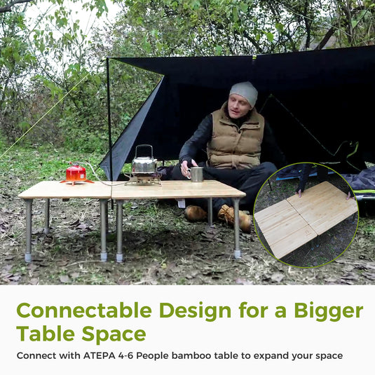 ATEPA BAMBOO 6040 Adjustable Height Bamboo Camping Table, Portable Folding Low Table with Aluminum Legs, 66 lbs Capacity & Carry Bag