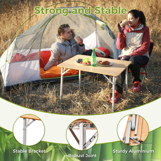 ATEPA Bamboo Folding Table, Adjustable Height Folding Tables Environmental Bamboo Camping Table with Aluminum Legs Carry Bag for Travel Picnic Beach Fishing Outdoor Indoor, 2-4 Person