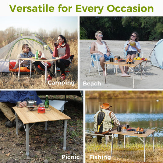 ATEPA Bamboo Folding Table, Adjustable Height Folding Tables Environmental Bamboo Camping Table with Aluminum Legs Carry Bag for Travel Picnic Beach Fishing Outdoor Indoor, 2-4 Person
