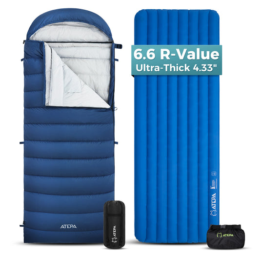 ATEPA Cold Weather Sleep System, 650FP Down Sleeping Bag with Ultralight R-Value 6.6 Camping Pad