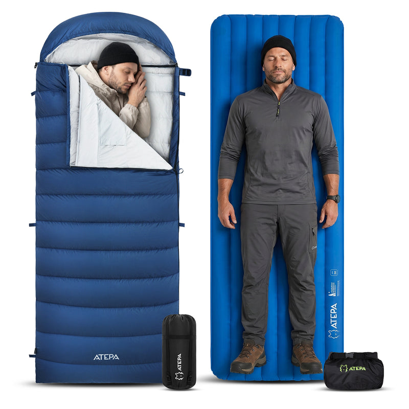 Load image into Gallery viewer, ATEPA Cold Weather Sleep System, 650FP Down Sleeping Bag with Ultralight R-Value 6.6 Camping Pad
