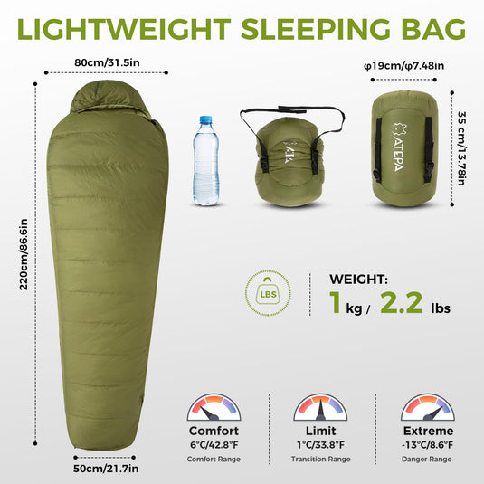 ATEPA Elements 450 Coldmaster™ Mummy Sleeping Bag 42.8°F to 8.6°F Ultralight Down Sleeping Bags