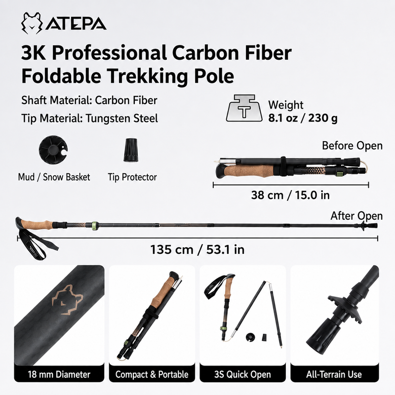 Laden Sie das Bild in Galerie -Viewer, ATEPA FLYTREK Z1 Carbon Fiber Trekking Pole, 5-Section Folding Hiking Pole Black
