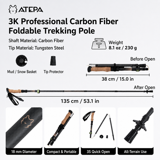 ATEPA FLYTREK Z1 Carbon Fiber Trekking Pole, 5-Section Folding Hiking Pole Black